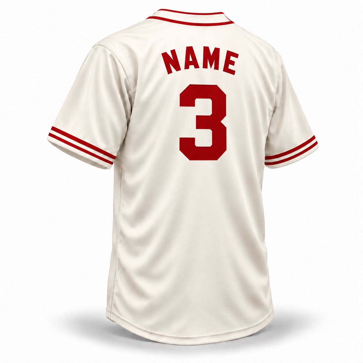 1944 Pittsburgh Crawfords NLB Jersey – cream back mockup with red NAME and block number 3, double red sleeve stripes and matching collar trim