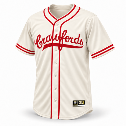 1944 Pittsburgh Crawfords NLB Jersey – cream front mockup with red Crawfords script, crossover collar, double sleeve stripes and original NLB jock tag