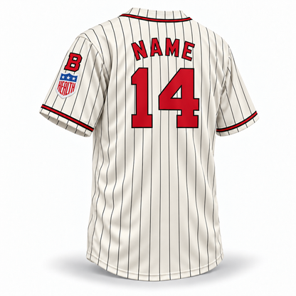 1945 Baltimore Elite Giants NLB jersey, cream with black pinstripes, red NAME and 14 with black outlines, B and HEALTH sleeve patches, back.