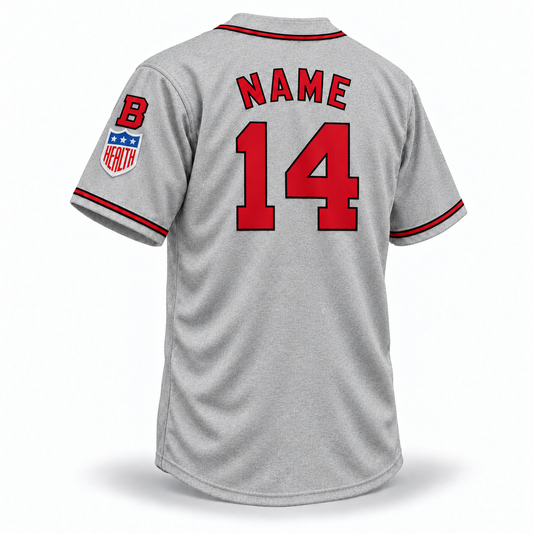 1945 Baltimore Elite Giants NLB jersey, plain gray wool without pinstripes, red NAME and 14 with black outlines, B and HEALTH sleeve patches, back.