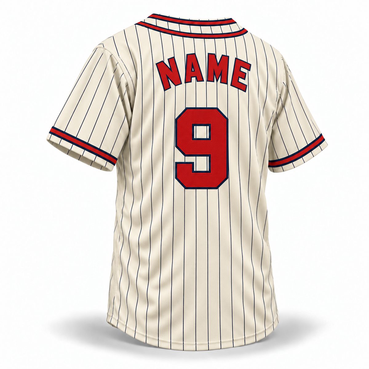 1945 Kansas City Monarchs NLB cream navy pinstripe jersey back mockup, red NAME and block number 9 with navy outlines
