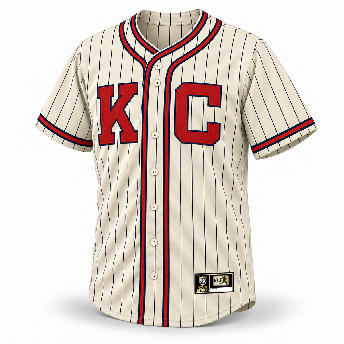 1945 Kansas City Monarchs NLB cream jersey front mockup, continuous navy pinstripes, large red KC with navy outline, original NLB jock tag