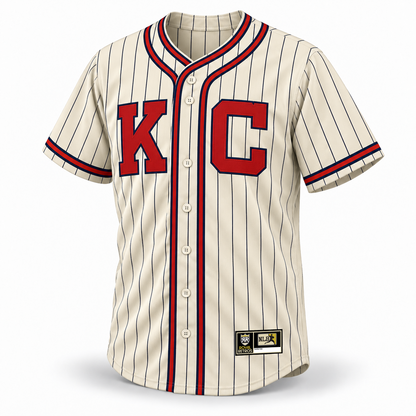 1945 Kansas City Monarchs NLB cream jersey front mockup, continuous navy pinstripes, large red KC with navy outline, original NLB jock tag