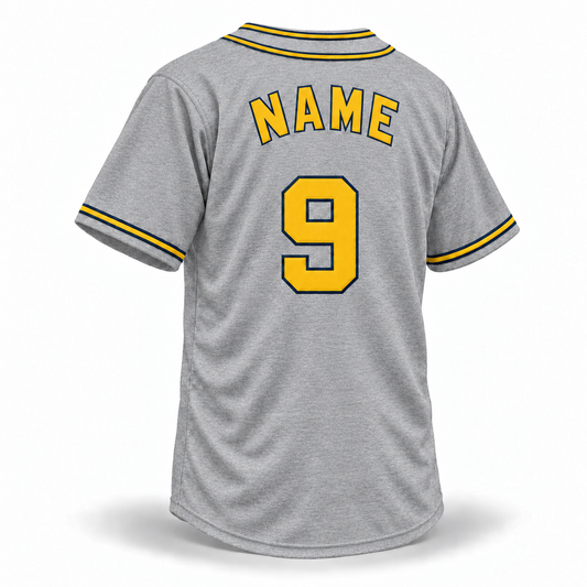 1945 Kansas City Monarchs NLB gray wool jersey back mockup, yellow NAME and block number 9 with navy outlines