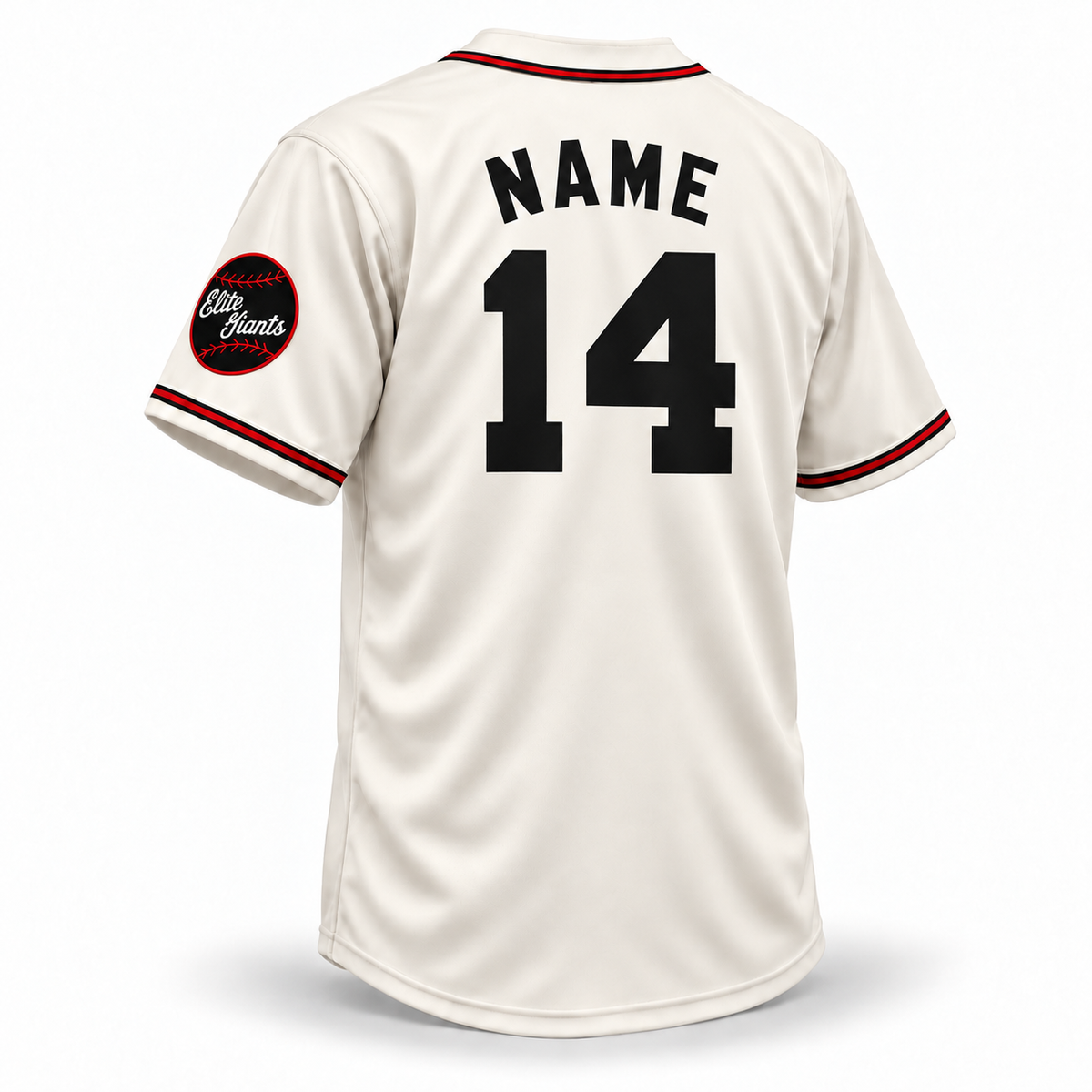 1949 Baltimore Elite Giants NLB jersey, cream fabric, black arched NAME and black number 14 without outlines, back view.