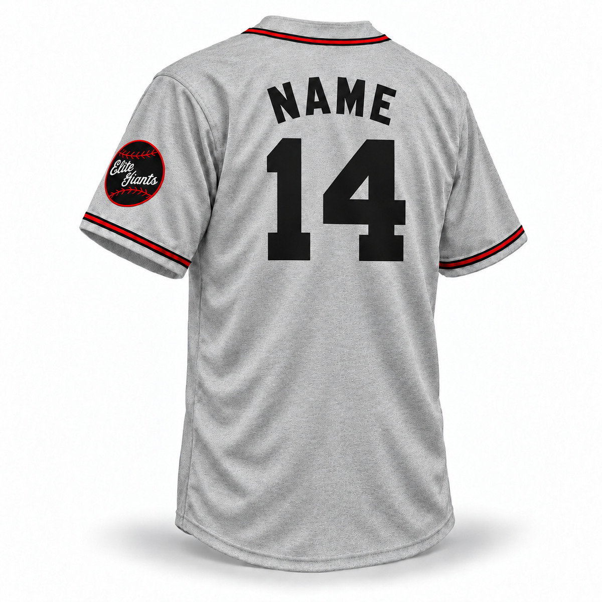 1949 Baltimore Elite Giants NLB jersey, gray wool fabric, black arched NAME and black number 14 without outlines, back view.