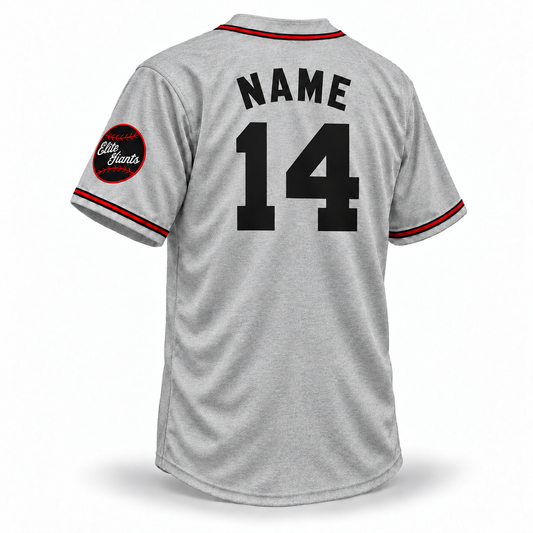 1949 Baltimore Elite Giants NLB jersey, gray wool fabric, black arched NAME and black number 14 without outlines, back view.