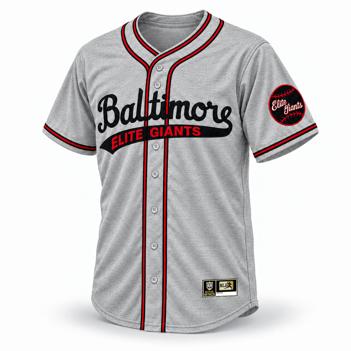 1949 Baltimore Elite Giants NLB jersey, gray wool fabric, black Baltimore script and red Elite Giants lettering, black-red-black crossover piping, original NLB jock tag, front view.