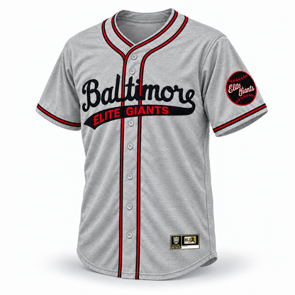 1949 Baltimore Elite Giants NLB jersey, gray wool fabric, black Baltimore script and red Elite Giants lettering, black-red-black crossover piping, original NLB jock tag, front view.