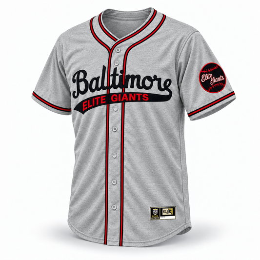 1949 Baltimore Elite Giants NLB jersey, gray wool fabric, black Baltimore script and red Elite Giants lettering, black-red-black crossover piping, original NLB jock tag, front view.