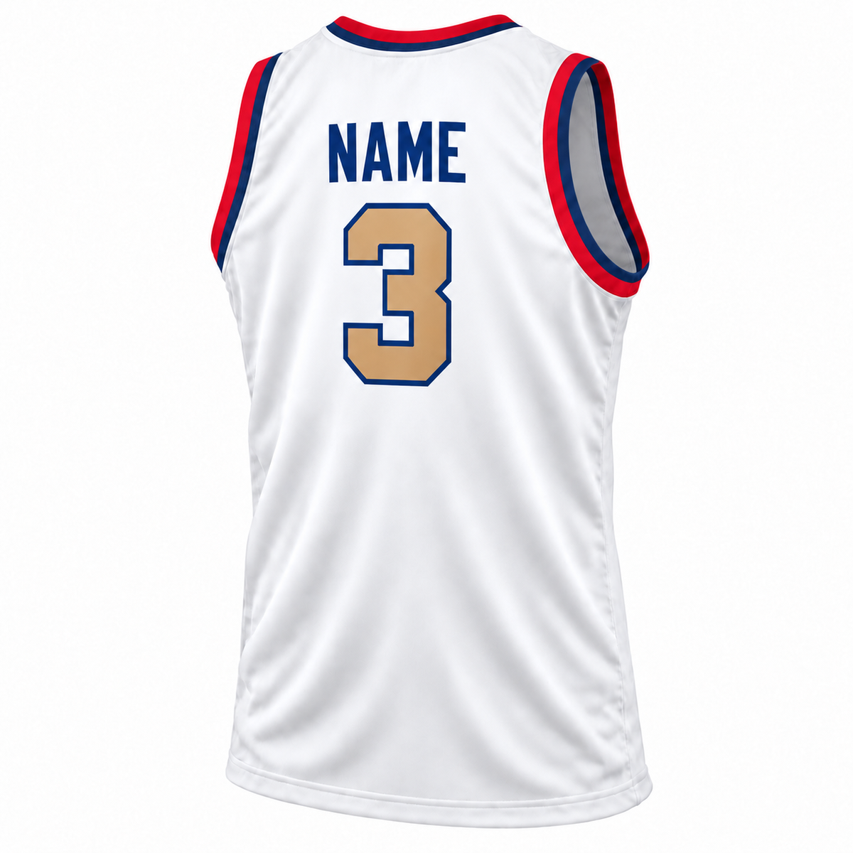 1949 Syracuse Nationals Nats white jersey back, navy NAME, old gold number 3 with navy outline