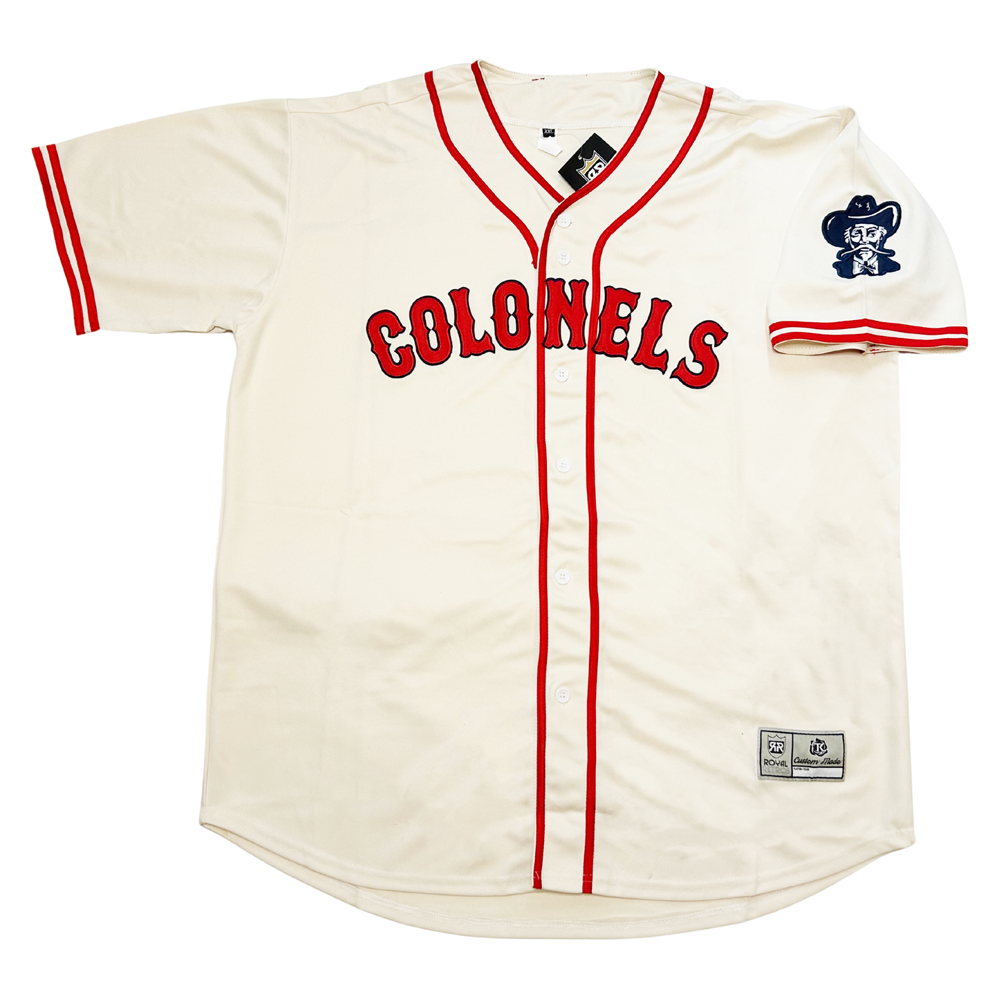 Louisville Colonels 1950 button-up Baseball home Jersey cream. COLONELS classic block in red arched across chest. Two thin red stripes at sleeve ends, wider around neck and down front on either side of buttons. Colonel face logo on left sleeve. Royal Retros