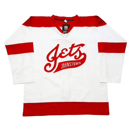 White and red 1950’s Johnstown Jets hockey jersey for sports enthusiasts