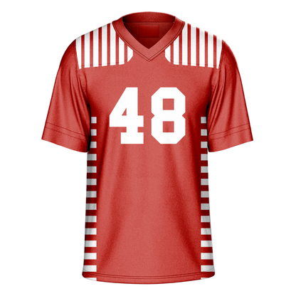 1951 calgary stampeders red jersey. 7 vertical white stripes on shoulders. 13 short white stripes down side from arms. #48 large white center. Royal Retros