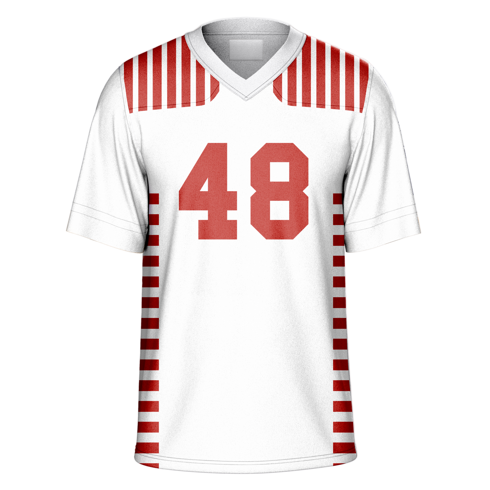 1951 Calgary Stampeders White Jersey. 7 red vertical stripes on shoulders. 13 short red stripes down side from arms. #48 large red center. Royal Retros