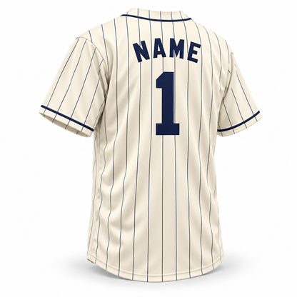 1953 Kansas City Monarchs NLB jersey, cream back with continuous navy pinstripes and solid navy block NAME and number 1.