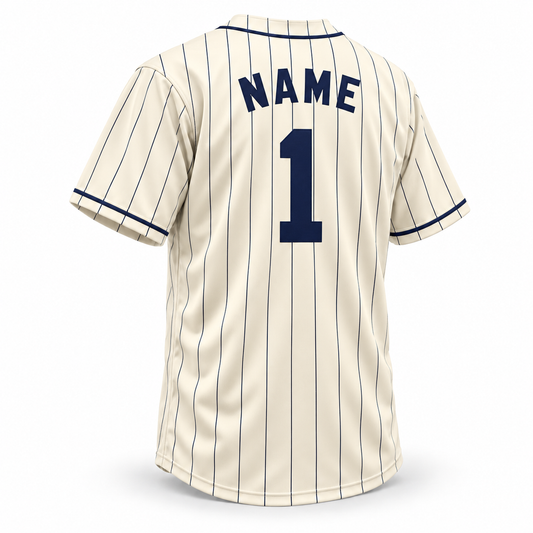 1953 Kansas City Monarchs NLB jersey, cream back with continuous navy pinstripes and solid navy block NAME and number 1.