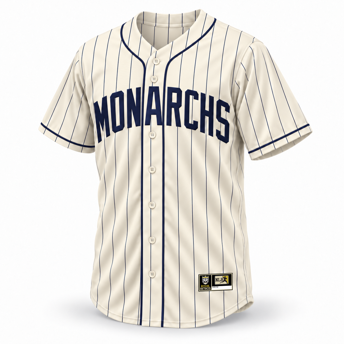 1953 Kansas City Monarchs NLB jersey, cream front with regular navy pinstripes, large navy block MONARCHS lettering, corrected single collar piping and original NLB jock tag.