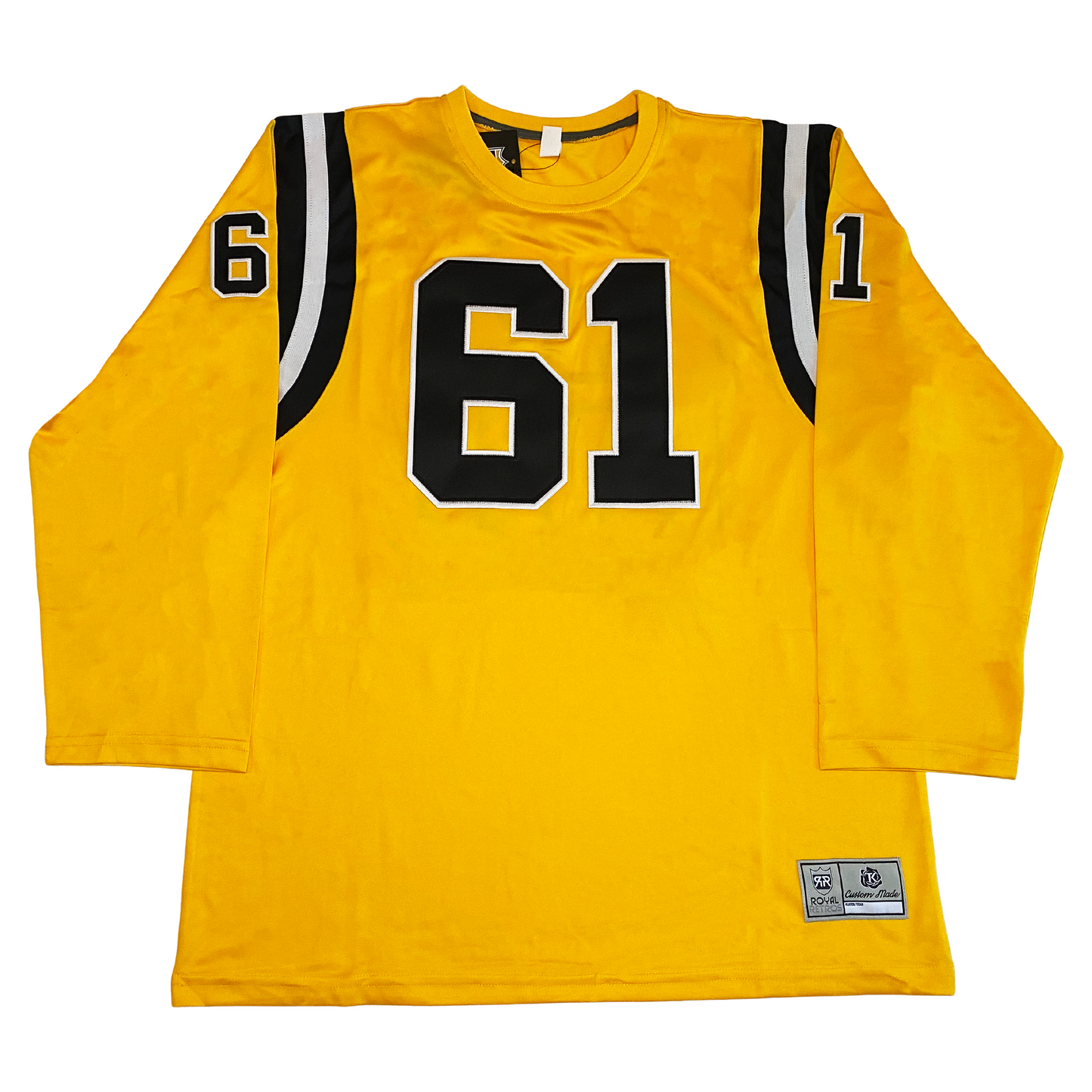 1958 Hamilton Tiger-Cats football jersey. Gold.  Black, white, and Black bands around shoulders. #61 in black with white trim, large on chest, small on upper sleeve. Royal Retros