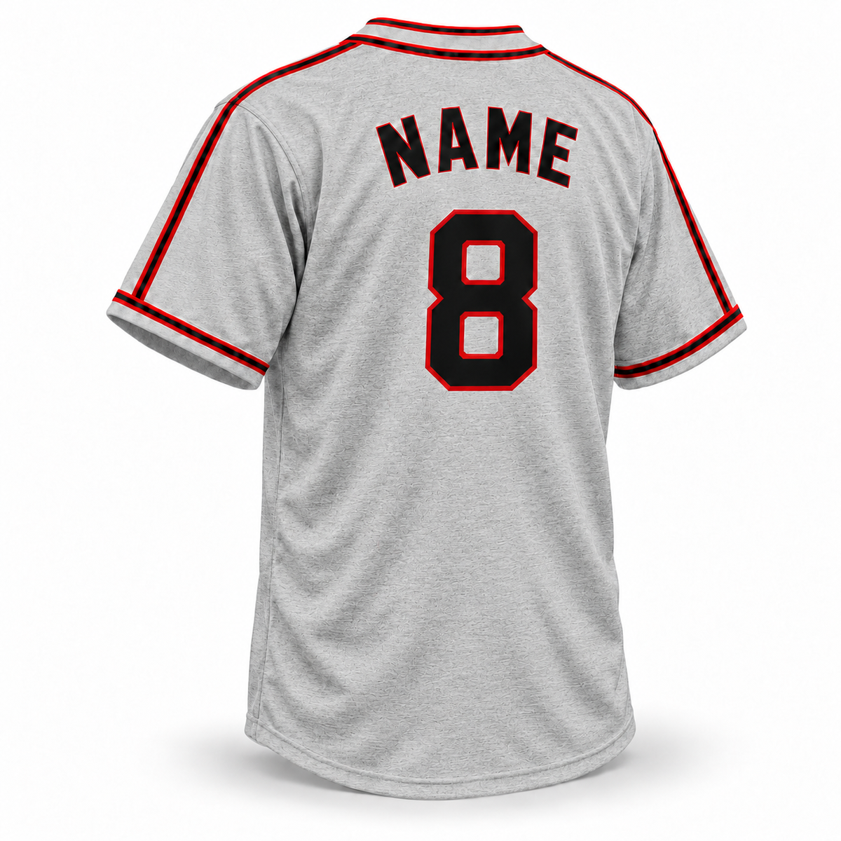 1959 Birmingham Black Barons gray jersey back mockup, NAME and block 8 in black with red outlines