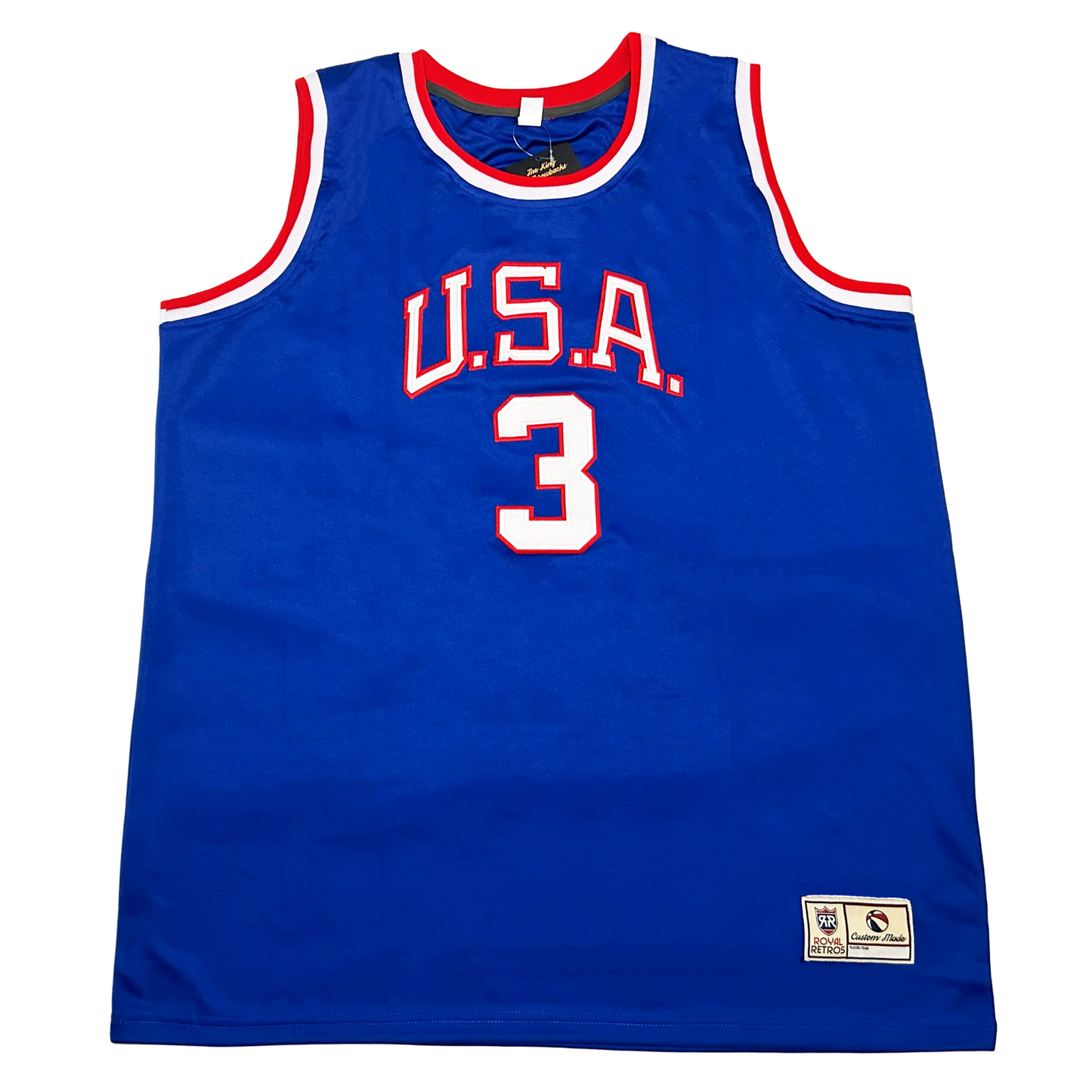 1960 USA basketball jersey. USA arched in white with red trim. #3 in white with red trim below. Red and white trim on shoulders and neck. Royal Retros
