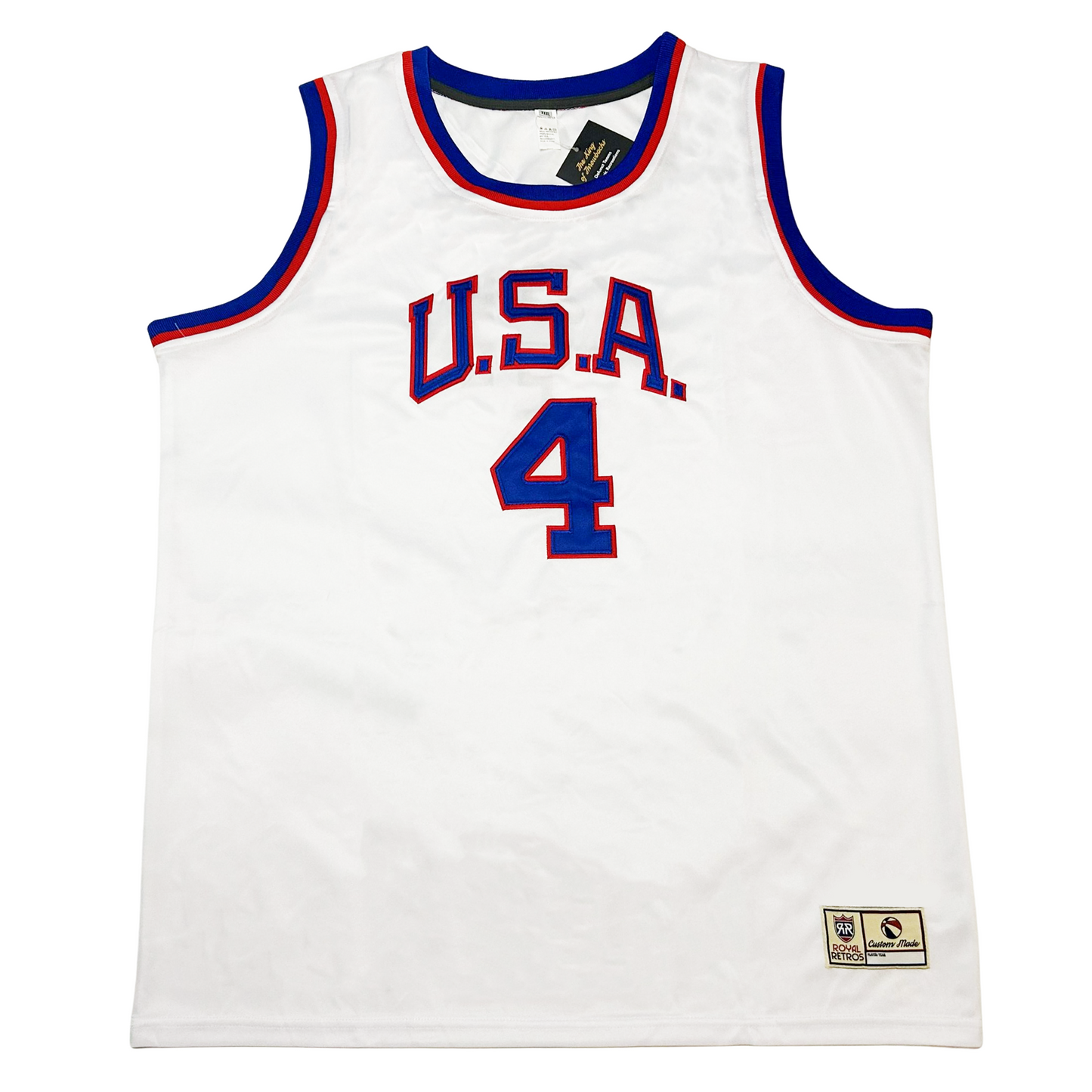 1960 USA Basketball jersey. White. USA arched in blue with red trim. #4 below blue with red trim. Blue and red trim on shoulders and neck. 