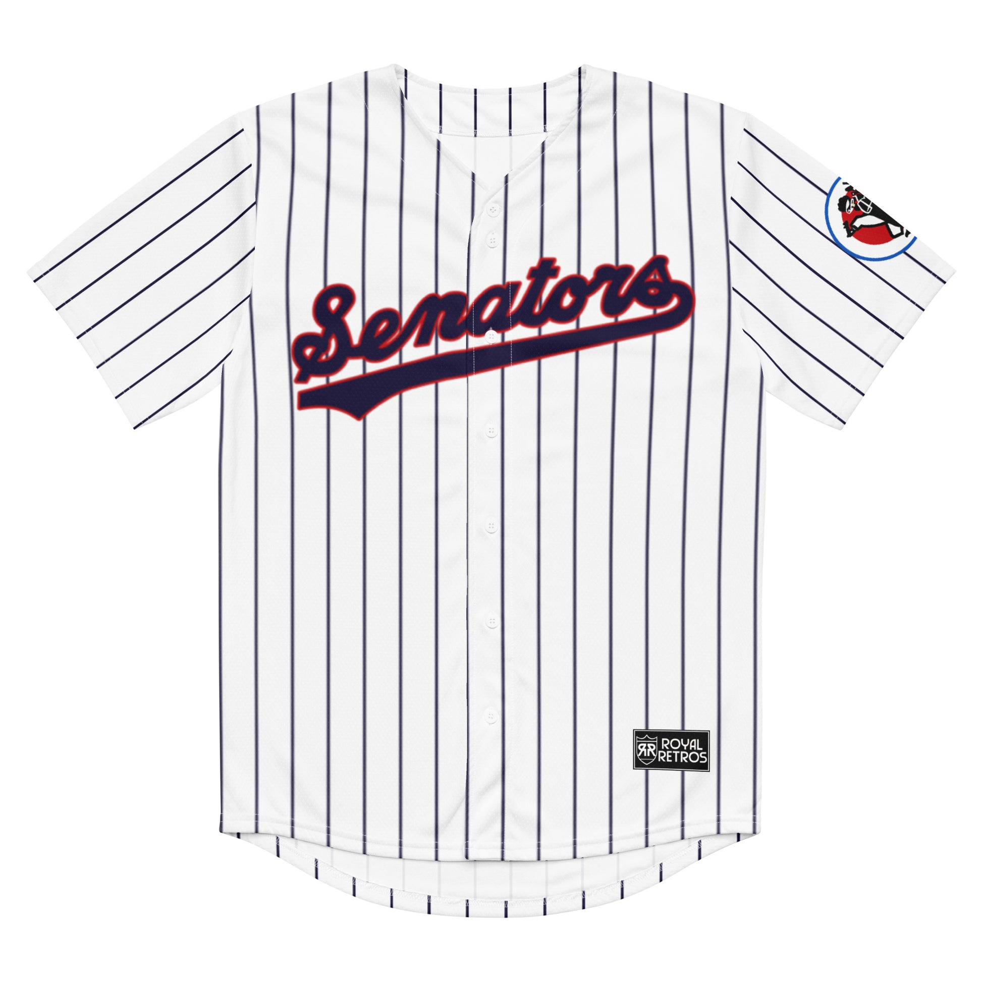Washington Senators pinstripe jersey. White. Senators in blue script across chest with red trim and text tail coming off the last "S" Royal Retros