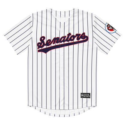 Washington Senators pinstripe jersey. White. Senators in blue script across chest with red trim and text tail coming off the last "S" Royal Retros