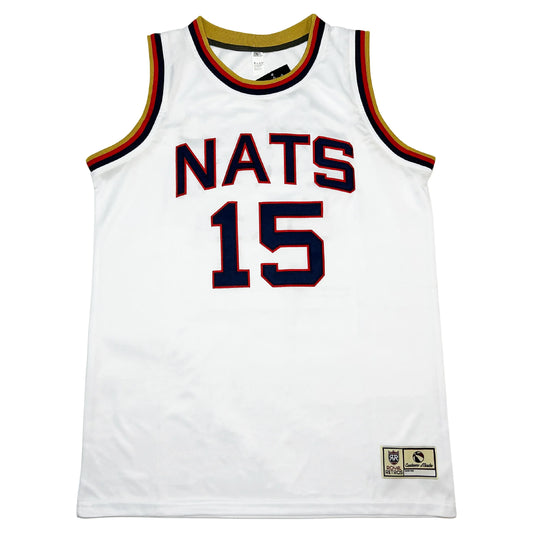 Syracuse Nationals 1961 jersey. White with gold, red, and blue trim on sleeves and neck. NATS in blue with red trim across chest. #15 in blue with red trim on chest. Royal Retros