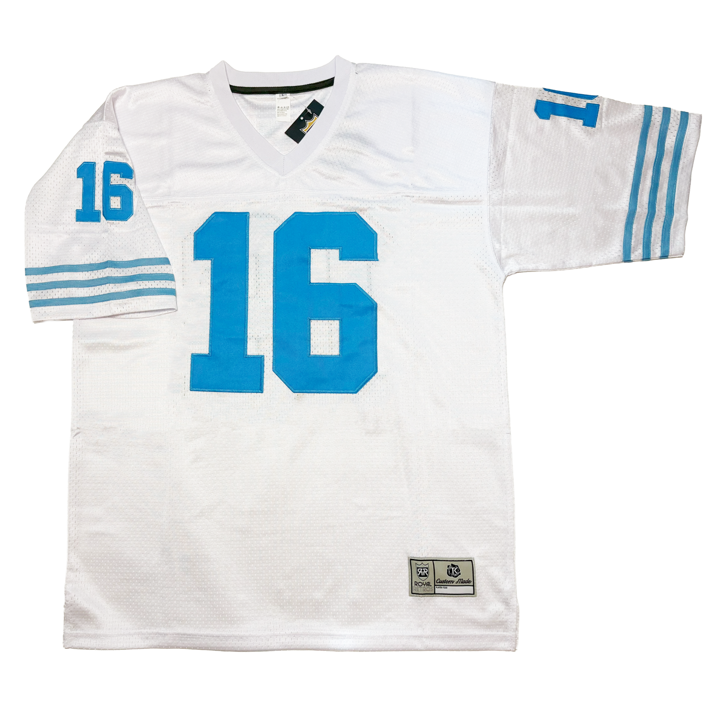 Jeppesen Jersey - Jerseys. !964 Houston American League Football. White/ #16 in Columbia blue center large on chest, small on sleeves. 3 blue bands at end of short sleeves. Royal Retros.
