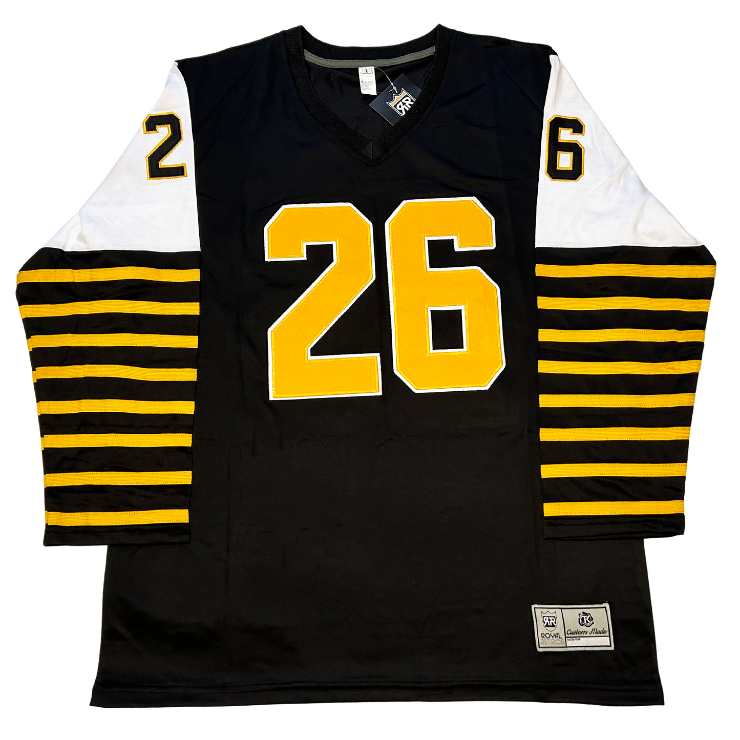 1966 Hamilton Tiger-Cats jersey black with white shoulders black sleeves with yellow stripes. Black #26 on shoulder black with yellow trim.  Yellow #16 with white trim large on chest Royal Retro