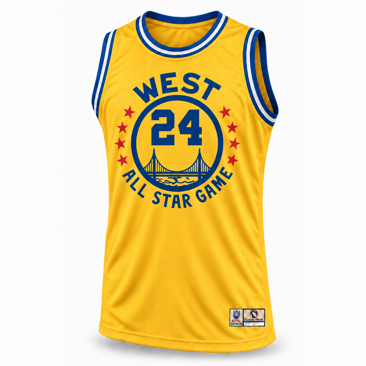 Yellow WEST All-Star basketball jersey front mockup, royal blue number 24 and crest, red stars, no year.