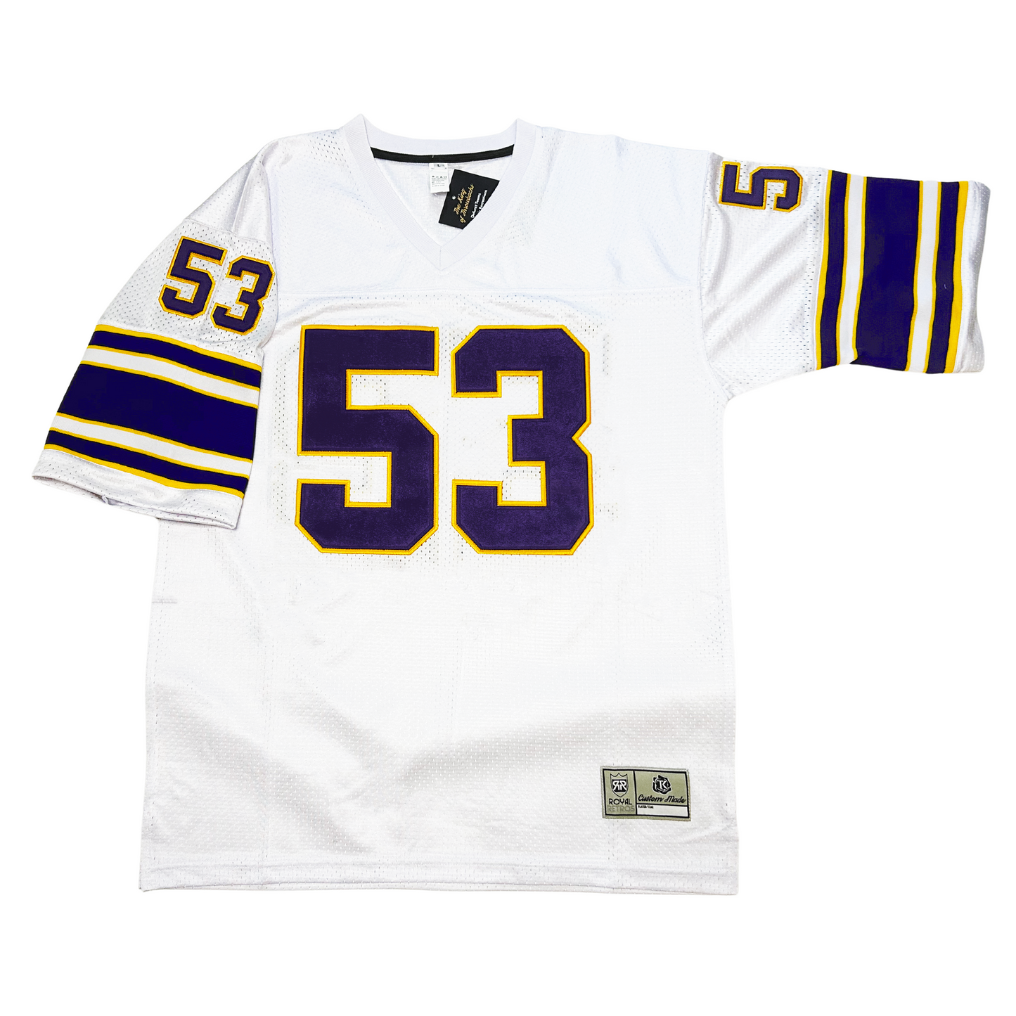 1968 Minnesota Vikings jersey white front. Purple and gold trim on sleeves. #53 in purple on large chest small on sleeves with gold trim. Royal Retros