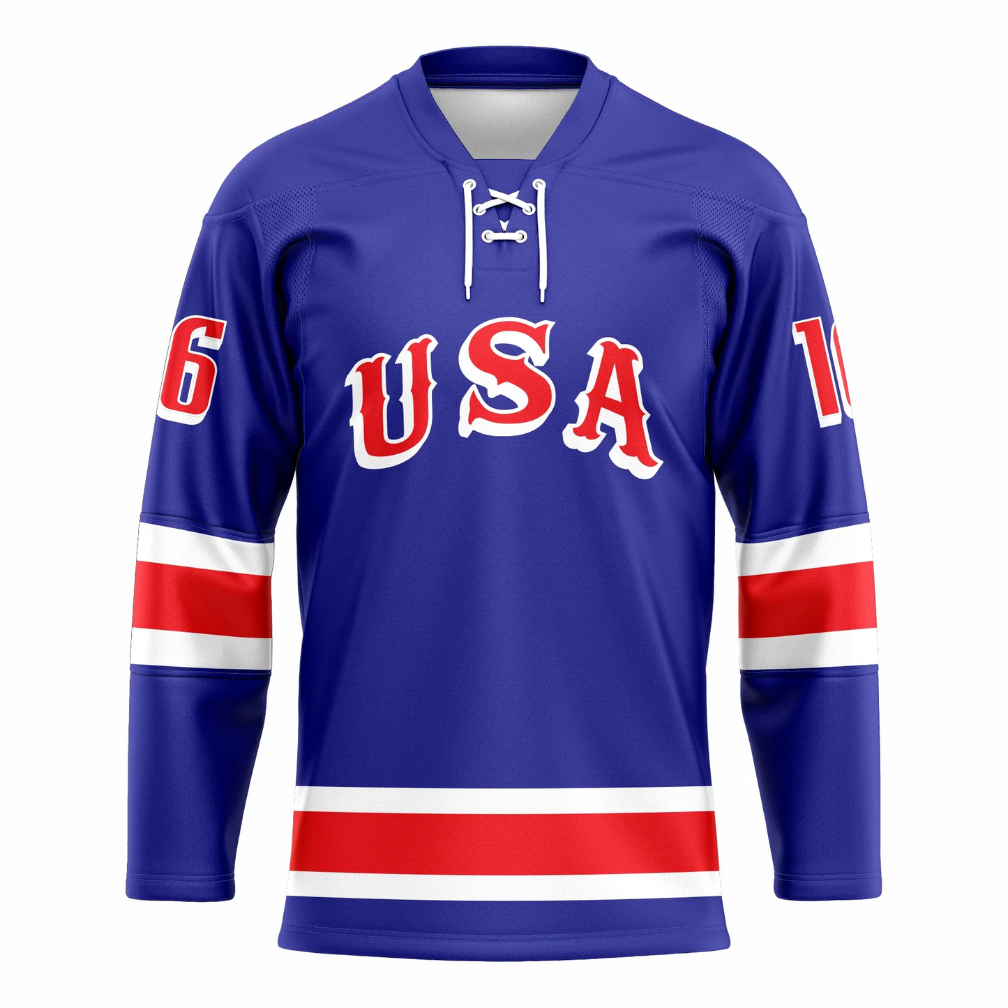 1968 USA hockey jersey. Blue. Red collar. White, red, and white bands mis sleeve. USA in wild west typeface, red with blue and white trim. White, red, and white band just above waist. Royal Retros