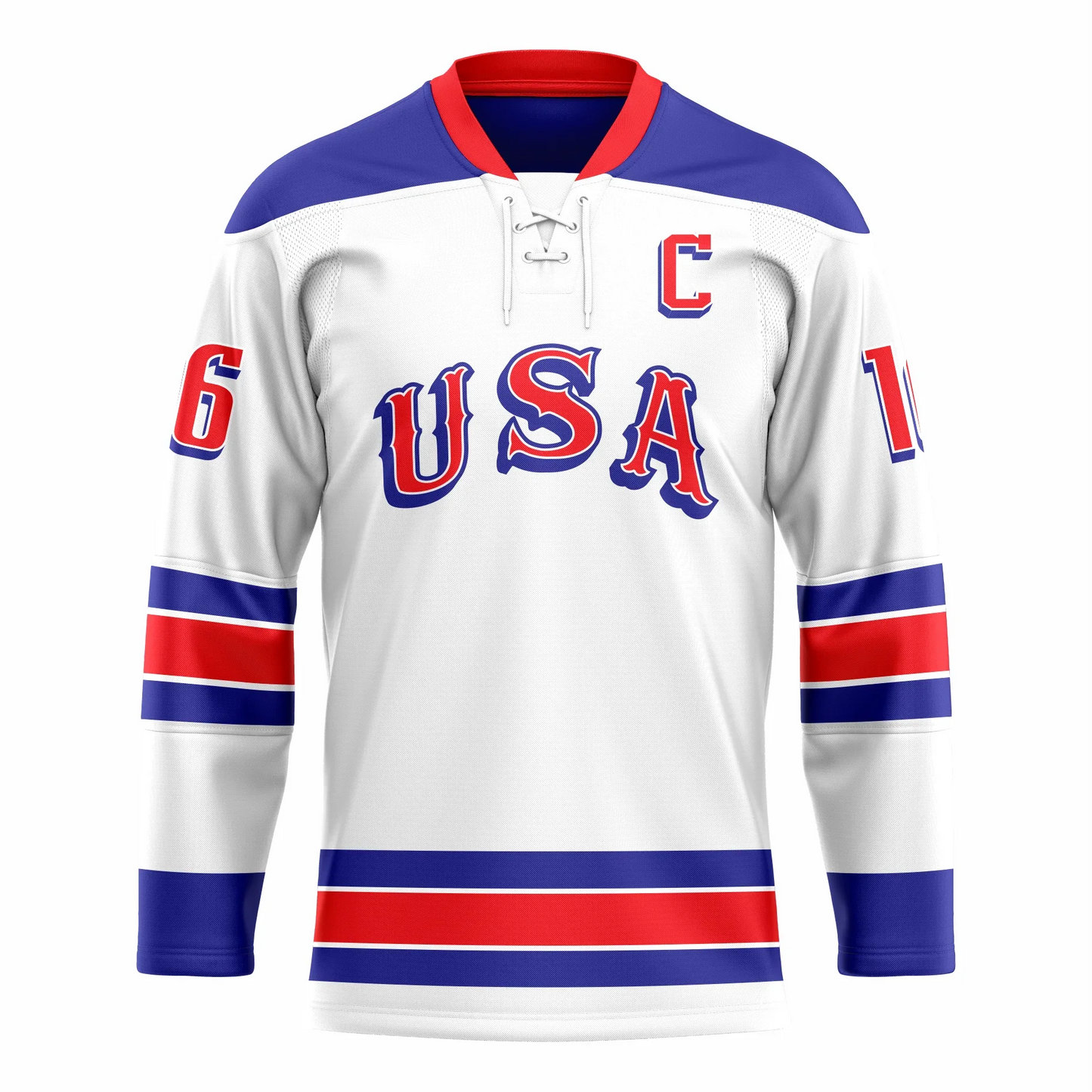 1968 USA hockey jersey. White. Blue shoulders. Red collar. Blue, tin white, red, thin white, blue bands mid sleeve. Blue bands at sleeve ends. USA in wild west typeface, red with blue and white trim. Blue, tin white, red, thin white, blue band around waist. Royal Retros