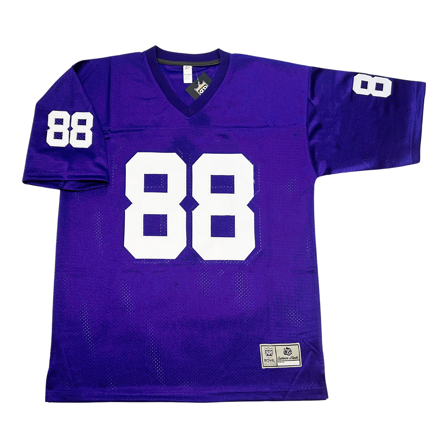 1969 Minnesota Vikings jersey front. #88 in white, large on chest, small on sleeves. Royal Retros.