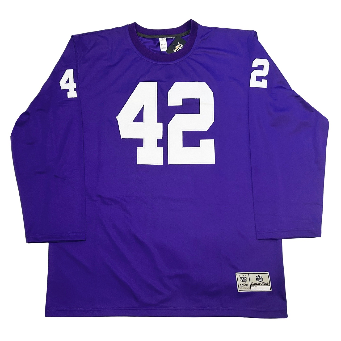 1969 long-sleeve Minnesota Vikings football jersey. Purple #42 white large on chest, small on shoulders. Royal Retros