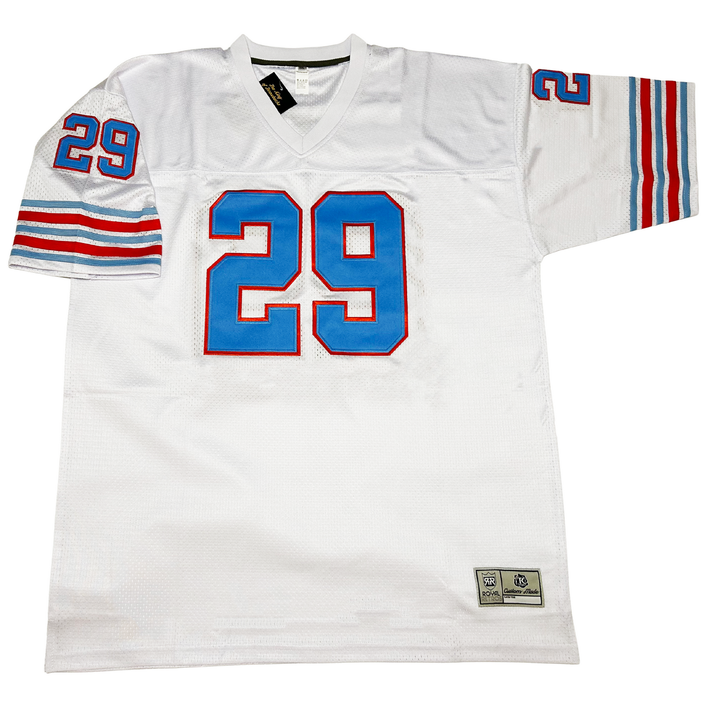 Astrodome Jersey - Jerseys. 1969 Houston American League Football jersey. White. #29 large on chest in Columbia blue with red outline. Small on both short sleeves. Blue, white, red, white, blue, white, red, white, blue thin bands on sleeve ends. Royal Retros