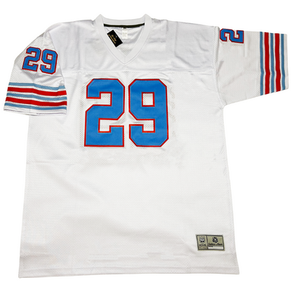 Astrodome Jersey - Jerseys. 1969 Houston American League Football jersey. White. #29 large on chest in Columbia blue with red outline. Small on both short sleeves. Blue, white, red, white, blue, white, red, white, blue thin bands on sleeve ends. Royal Retros