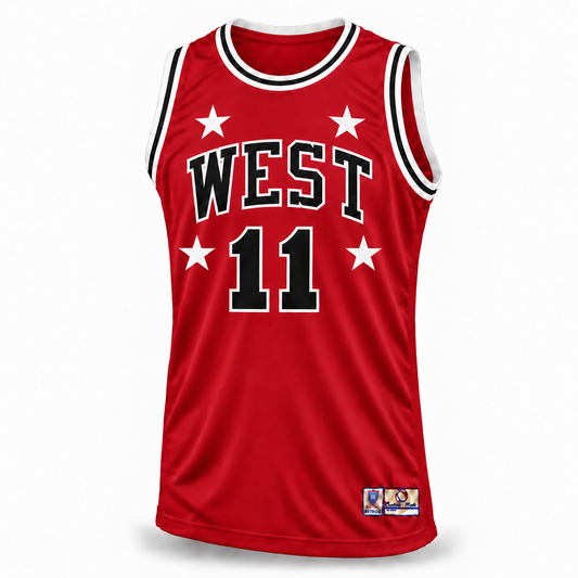 1970 All Star Jersey red front mockup, number 11, four full stars, WEST lettering