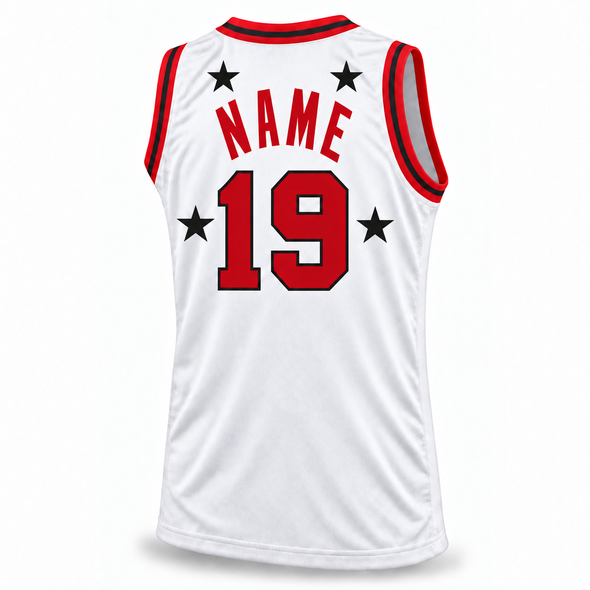 1970 All Star Jersey white back mockup, number 19, four full stars, NAME lettering