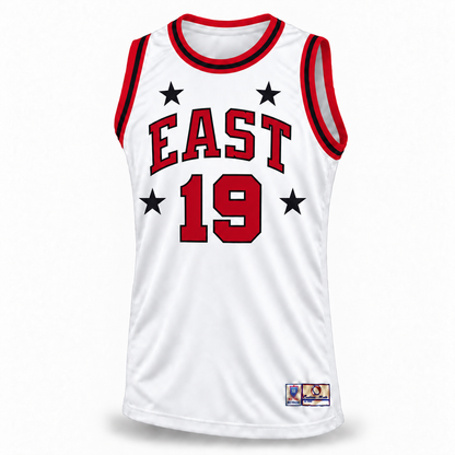 1970 All Star Jersey white front mockup, number 19, four full stars, EAST lettering