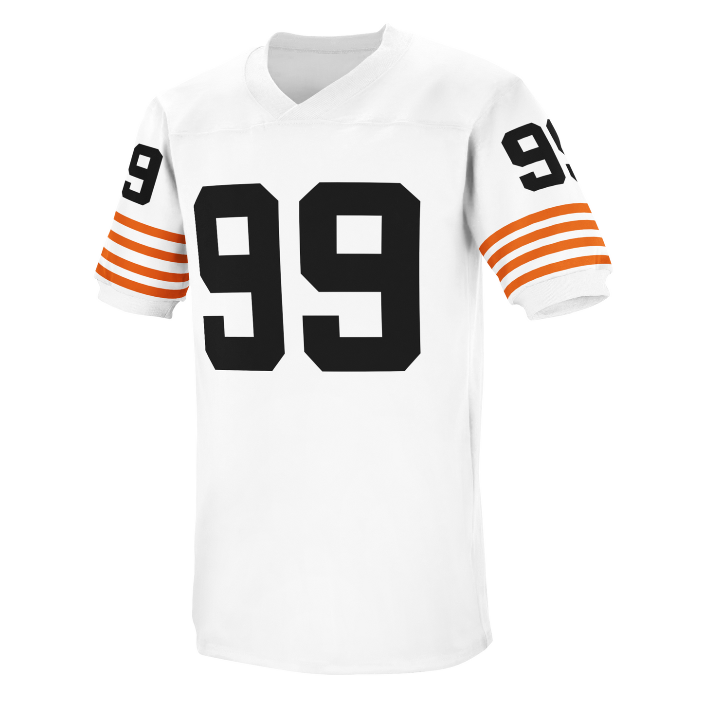 1970 BC Lions jersey white with orange stripes on sleeve and black #99 on sleeves and shoulders Royal Retros
