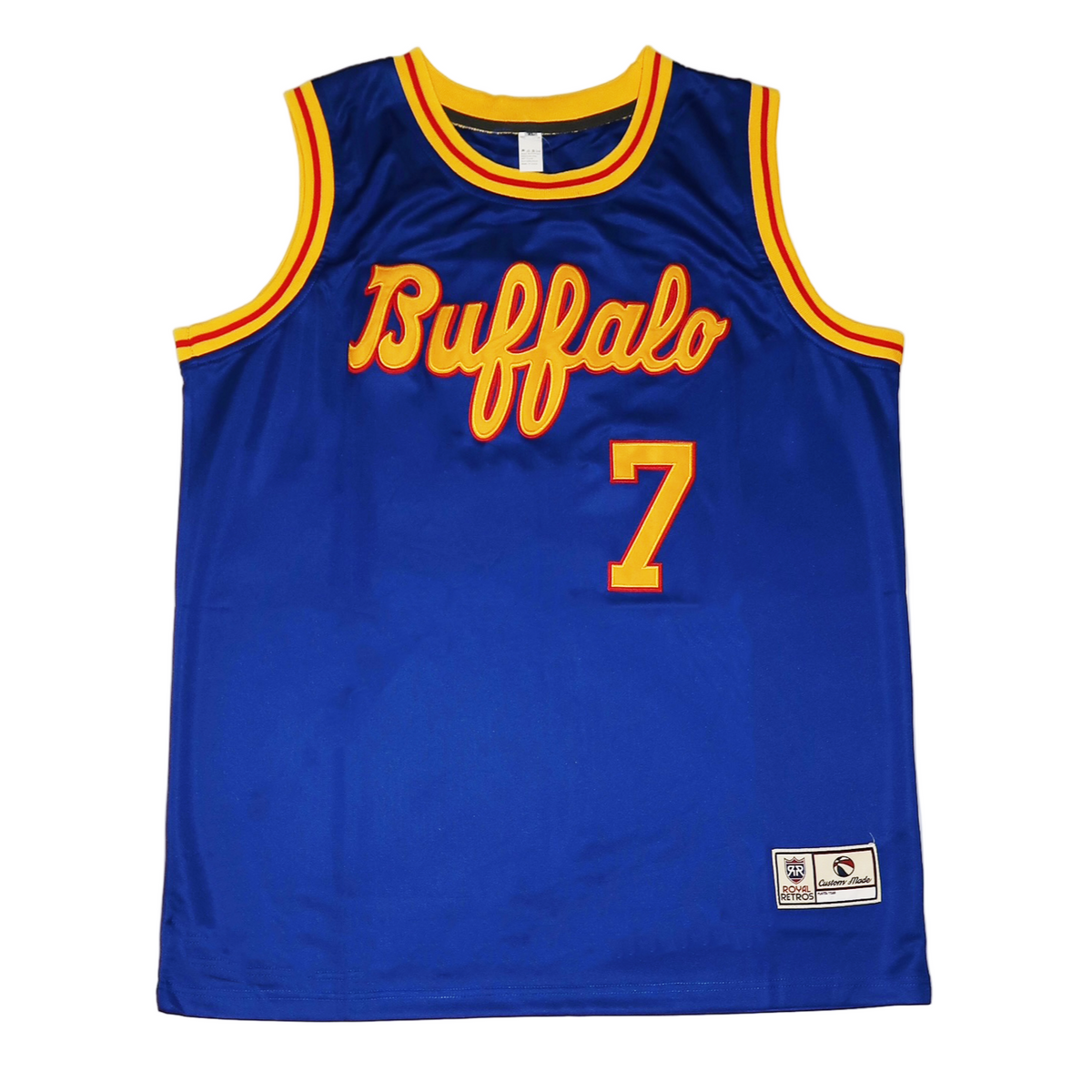 1970 Buffalo Braves Jersey. Royal Blue. Gold, red, gold trim around sleeve ends and collar. Buffalo in gold script with red trim. Number 7 with red trim below left. Royal Retros