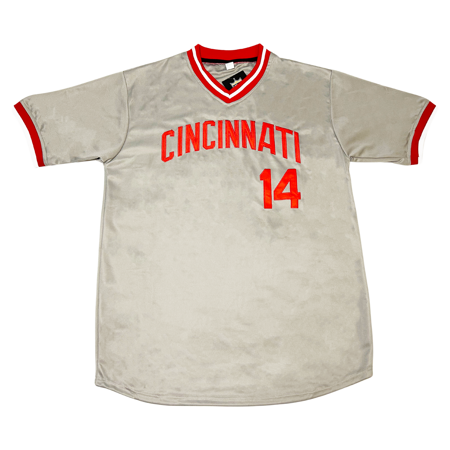 Cincinnati Reds Big Red Machine road jersey. Gray. Cincinnati in red arched across chest. #14 in red below right. Red trim at sleeve ends. Red, white, and red collar. Royal Retros