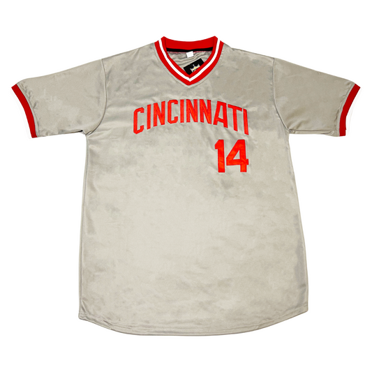 Cincinnati Reds Big Red Machine road jersey. Gray. Cincinnati in red arched across chest. #14 in red below right. Red trim at sleeve ends. Red, white, and red collar. Royal Retros