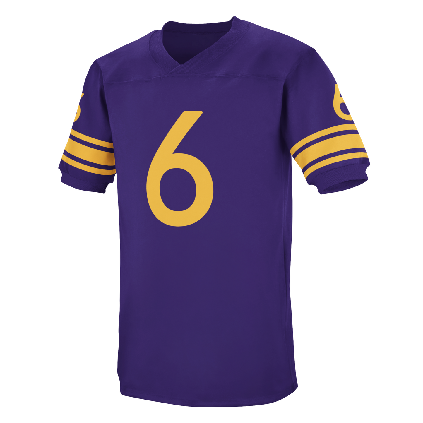 1970 Washington Huskies Jersey Purple. Gold, purple, gold, purple, gold bands on sleeves. #6 in gold large on chest, small on sleeves. Royal Retros