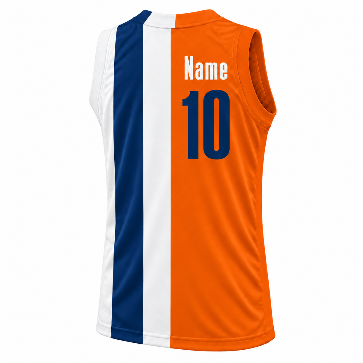 1971 Baltimore Bullets jersey — orange back mockup, white Name, navy number 10, white and navy vertical side panels.
