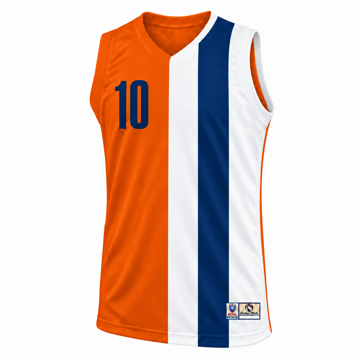 1971 Baltimore Bullets jersey — orange front mockup, navy number 10, white and navy vertical side panels.