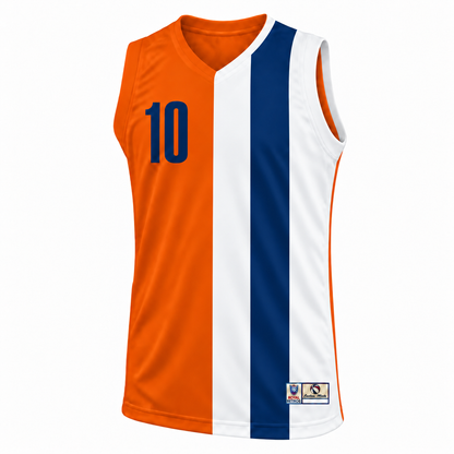 1971 Baltimore Bullets jersey — orange front mockup, navy number 10, white and navy vertical side panels.
